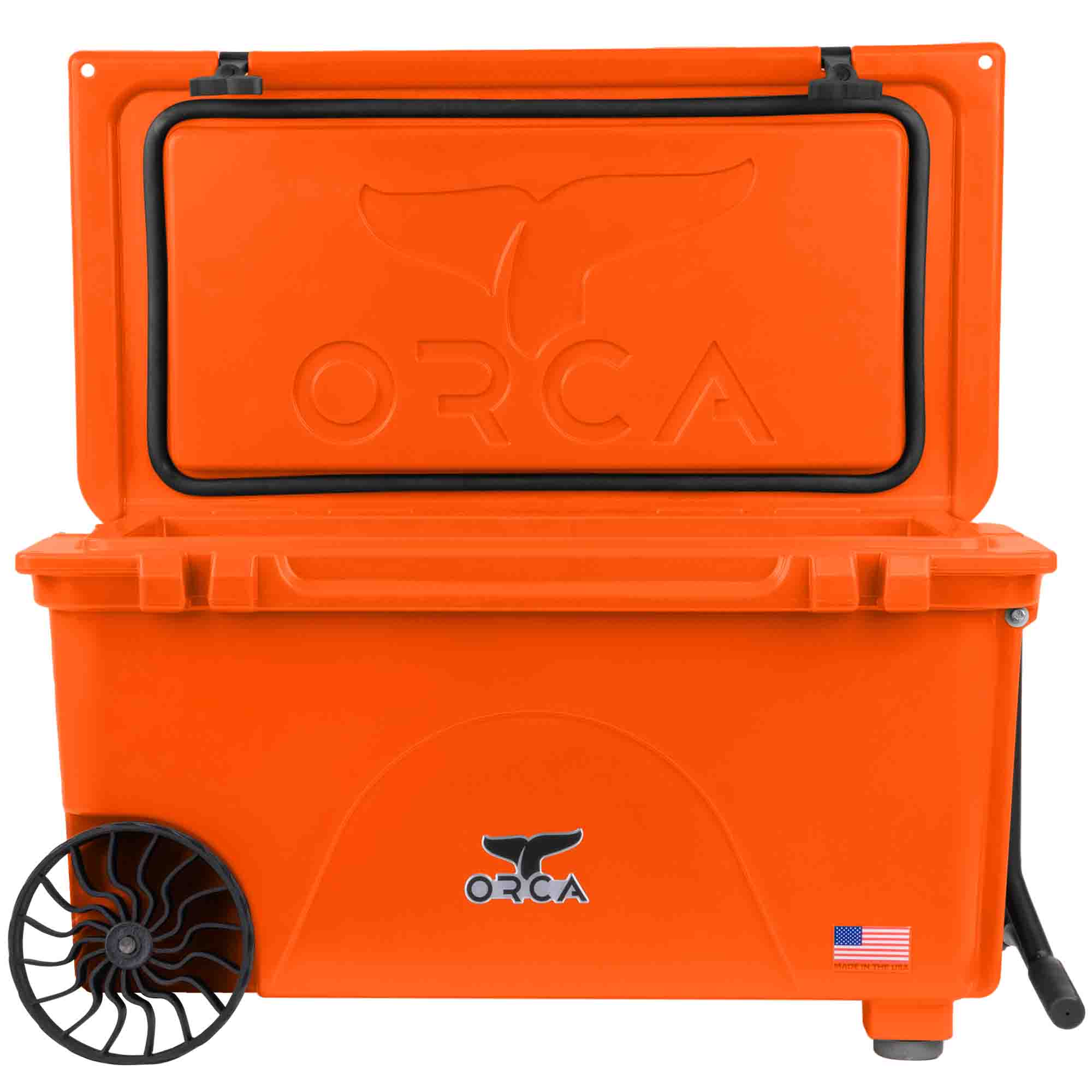 65 Quart Wheeled Cooler, Blaze Orange, Open