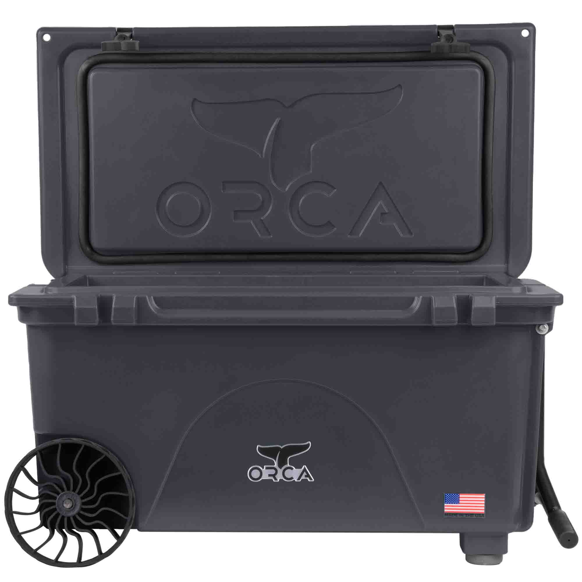 65 Quart Wheeled Cooler, Charcoal, Open