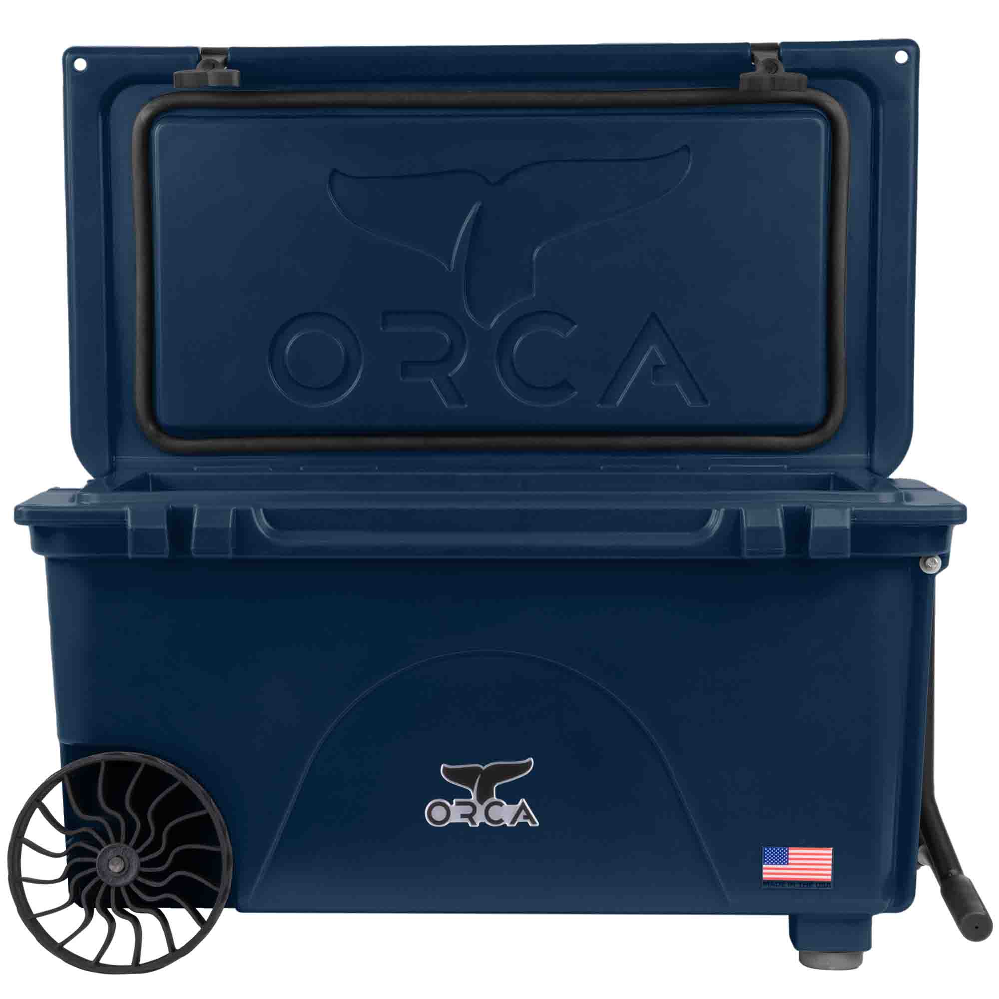 65 Quart Wheeled Cooler, Navy, Open