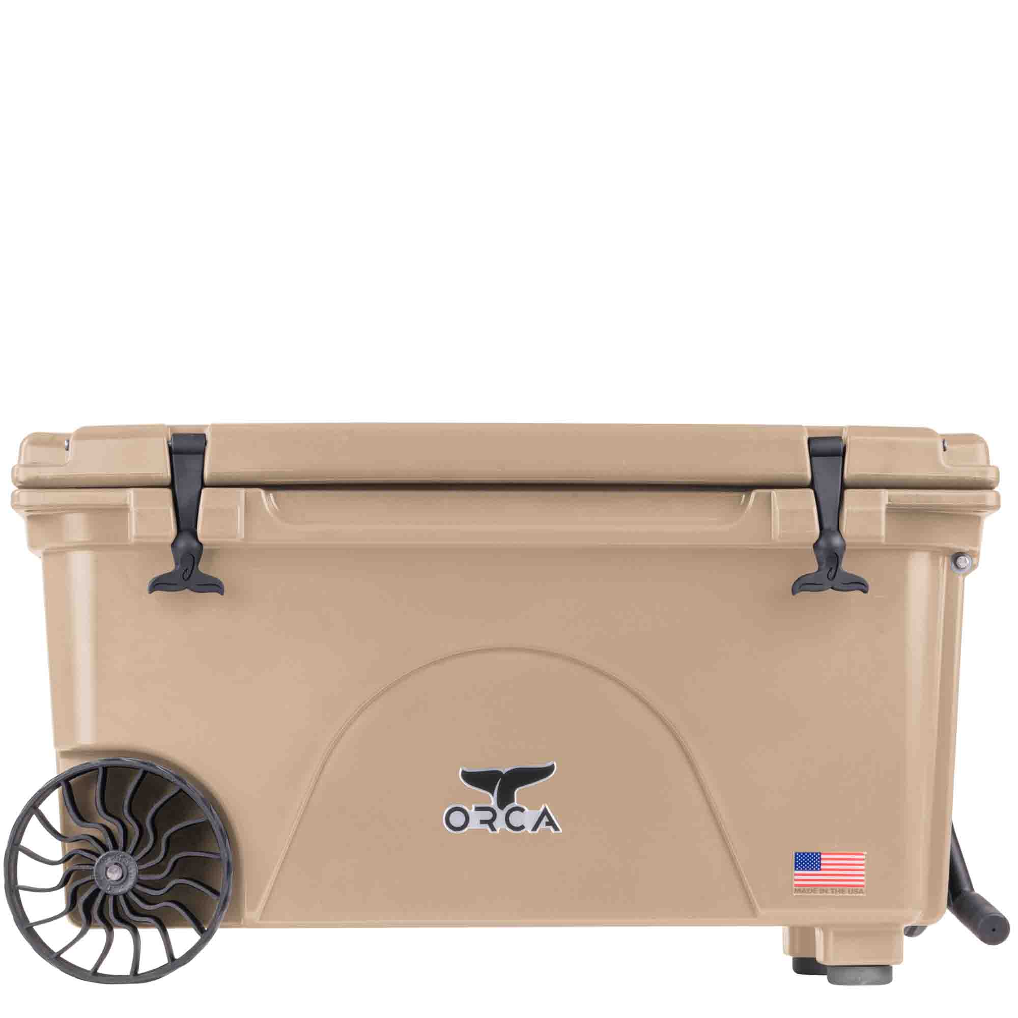 65 Quart Wheeled Cooler, Tan, Front